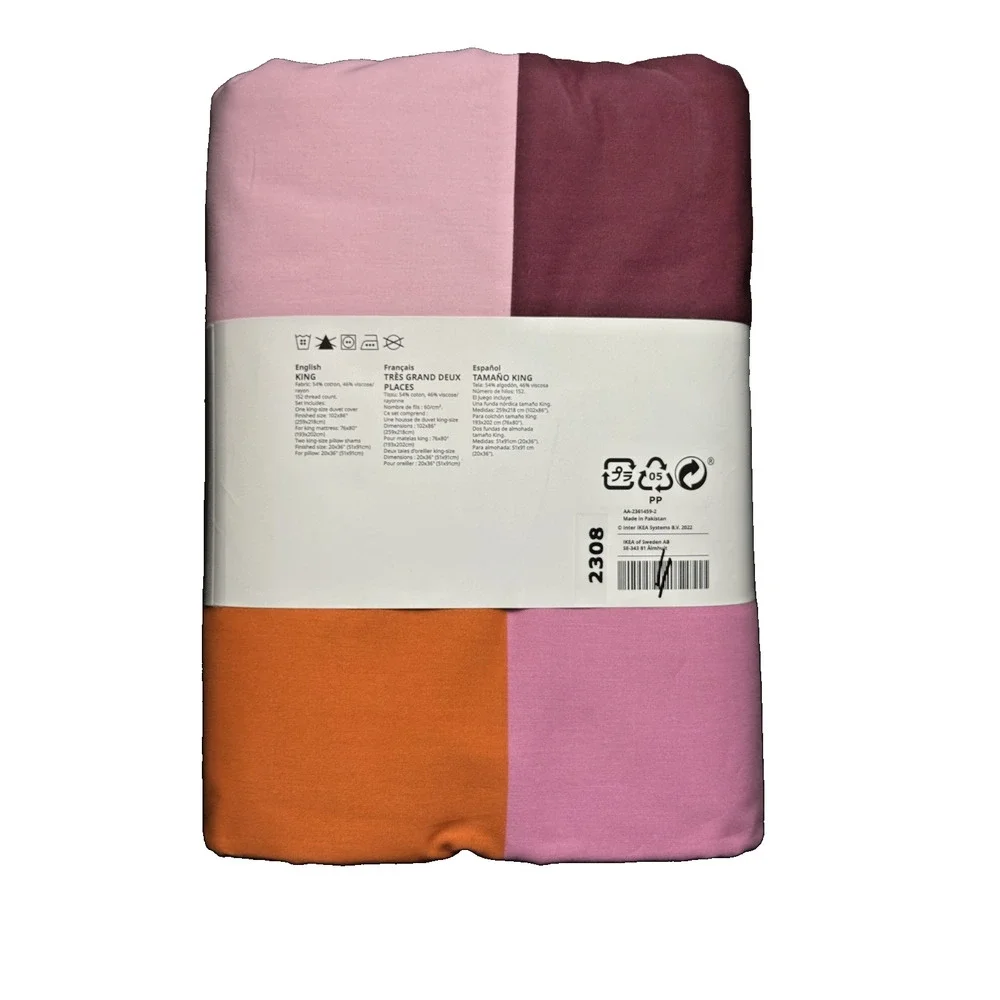 Ikea BRUNKRISSLA King Duvet Cover w/2 Pillowcases Bed Set Checked Pink - NEW
